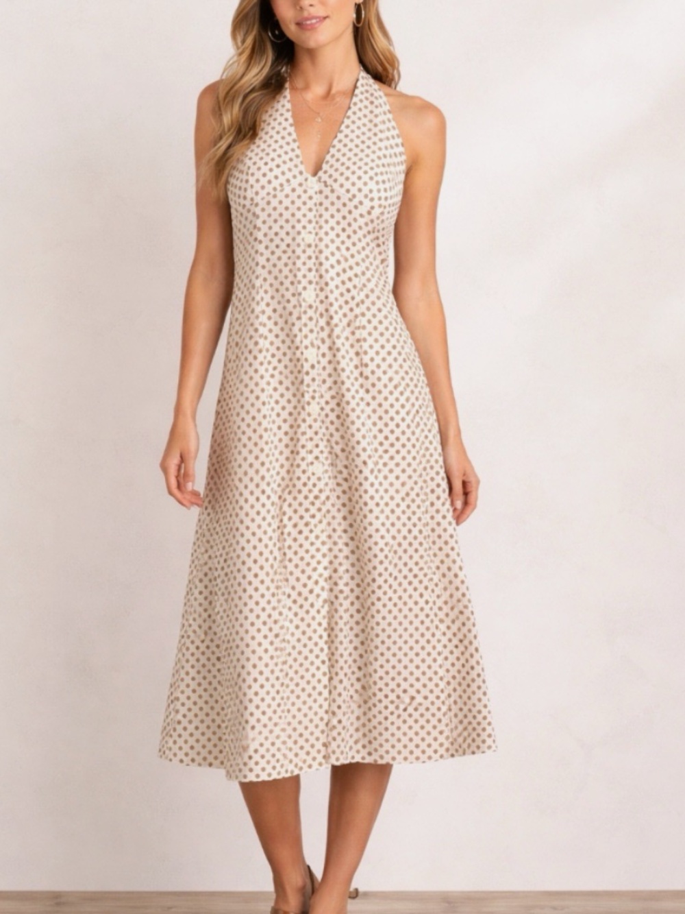 Polka Dot Halter Neck Maxi Dress Open Back Button Front Cream Brown Zara Size S
